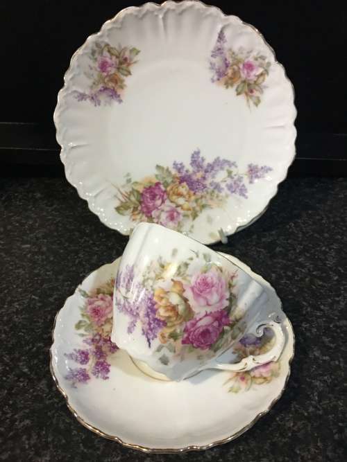 Absolutely Beautiful Antique Fine Raised Porcelain Petite Victorian Style Rose Bouquet Tea Trio