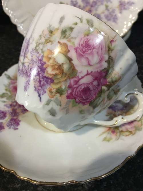 Absolutely Beautiful Antique Fine Raised Porcelain Petite Victorian Style Rose Bouquet Tea Trio