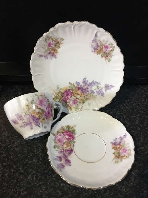 Absolutely Beautiful Antique Fine Raised Porcelain Petite Victorian Style Rose Bouquet Tea Trio