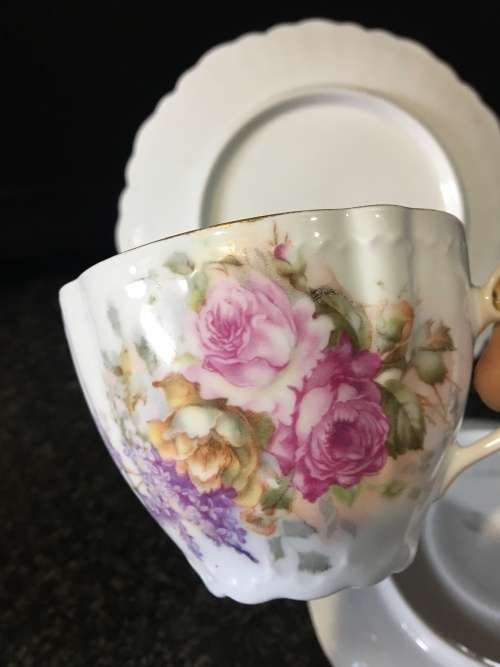 Absolutely Beautiful Antique Fine Raised Porcelain Petite Victorian Style Rose Bouquet Tea Trio