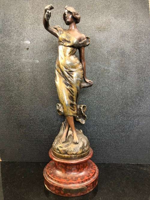 STUNNING ANTIQUE AFTER MOREAU BRONZED SPELTER FIGURINE SIGNED A. CADET TITLED "AUTOMNE" c1900's