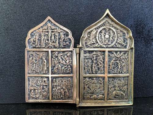 HIGH VALUE ANTIQUE RUSSIAN ORTHODOX DIPTYCH BRASS TRAVEL ICON 2 PANELS FOLDING ICONOSTAS