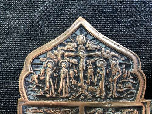 HIGH VALUE ANTIQUE RUSSIAN ORTHODOX DIPTYCH BRASS TRAVEL ICON 2 PANELS FOLDING ICONOSTAS