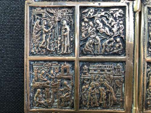 HIGH VALUE ANTIQUE RUSSIAN ORTHODOX DIPTYCH BRASS TRAVEL ICON 2 PANELS FOLDING ICONOSTAS