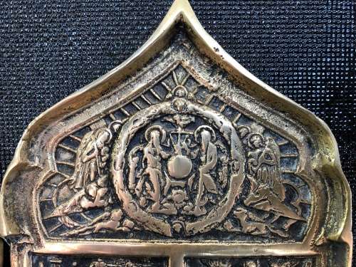 HIGH VALUE ANTIQUE RUSSIAN ORTHODOX DIPTYCH BRASS TRAVEL ICON 2 PANELS FOLDING ICONOSTAS