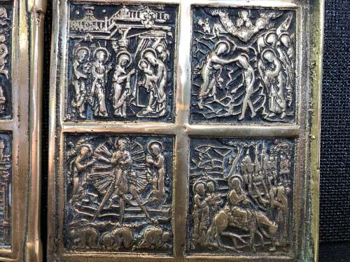 HIGH VALUE ANTIQUE RUSSIAN ORTHODOX DIPTYCH BRASS TRAVEL ICON 2 PANELS FOLDING ICONOSTAS