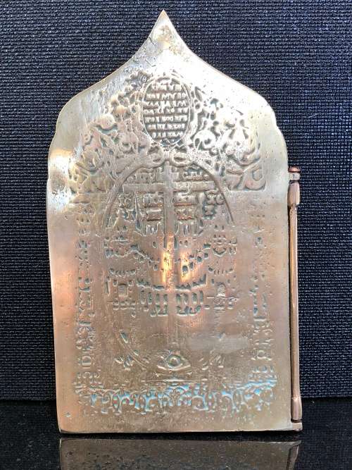 HIGH VALUE ANTIQUE RUSSIAN ORTHODOX DIPTYCH BRASS TRAVEL ICON 2 PANELS FOLDING ICONOSTAS