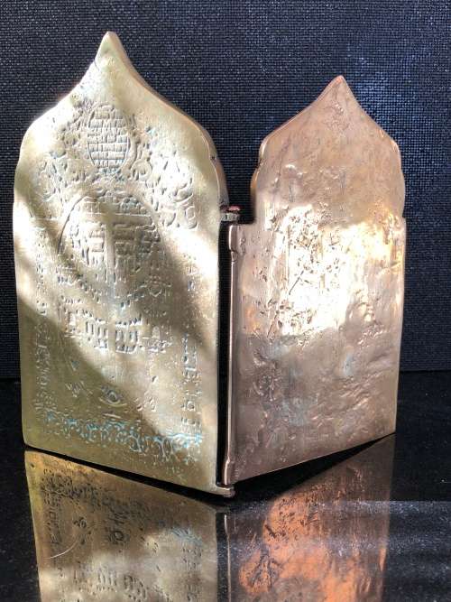 HIGH VALUE ANTIQUE RUSSIAN ORTHODOX DIPTYCH BRASS TRAVEL ICON 2 PANELS FOLDING ICONOSTAS