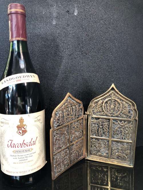 HIGH VALUE ANTIQUE RUSSIAN ORTHODOX DIPTYCH BRASS TRAVEL ICON 2 PANELS FOLDING ICONOSTAS