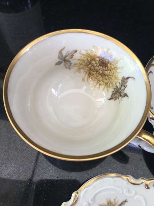 Ultra Rare Hutschenreuther Selbe Bavaria Germany US Zone 3 piece Brown & Gold Scallop Tea Cup