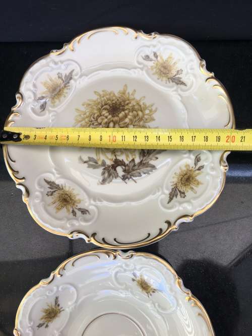 Ultra Rare Hutschenreuther Selbe Bavaria Germany US Zone 3 piece Brown & Gold Scallop Tea Cup