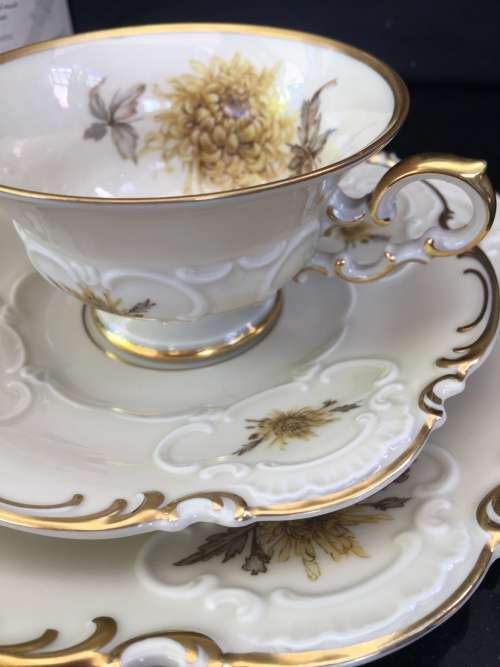 Ultra Rare Hutschenreuther Selbe Bavaria Germany US Zone 3 piece Brown & Gold Scallop Tea Cup