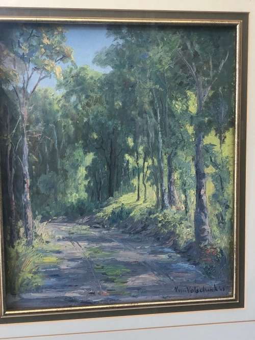 INVESTMENT ART~ VERA VOLSCHENK (1899-1987) - ROAD THROUGH TREES - OIL ON BOARD DATED 1948