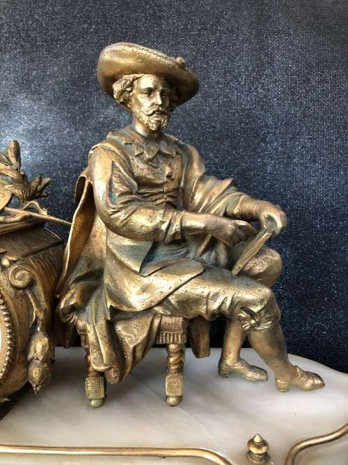 FANTASTIC FRENCH MARBLE AND GILDED BRONZE FIGURAL MANTLE CLOCK WITH KEY WORKING 100%