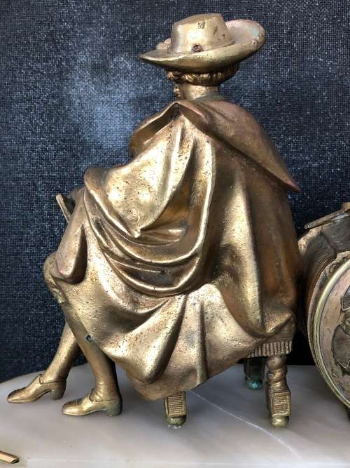 FANTASTIC FRENCH MARBLE AND GILDED BRONZE FIGURAL MANTLE CLOCK WITH KEY WORKING 100%