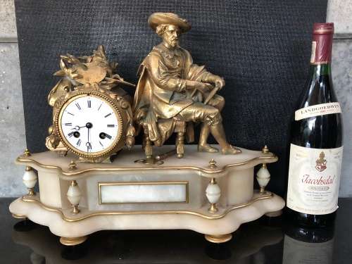 FANTASTIC FRENCH MARBLE AND GILDED BRONZE FIGURAL MANTLE CLOCK WITH KEY WORKING 100%