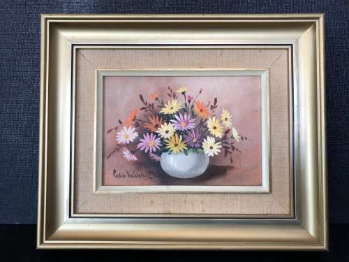 A STUNNING FRAMED ORIGINAL SIGNED "CELIA WALSH-DIEHL" (1915-1993) OIL PAINTING ON BOARD OF FLOWERS