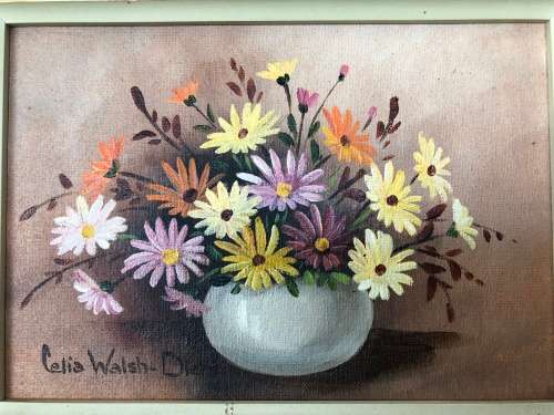 A STUNNING FRAMED ORIGINAL SIGNED "CELIA WALSH-DIEHL" (1915-1993) OIL PAINTING ON BOARD OF FLOWERS