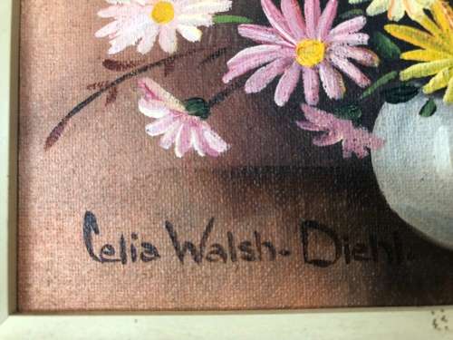 A STUNNING FRAMED ORIGINAL SIGNED "CELIA WALSH-DIEHL" (1915-1993) OIL PAINTING ON BOARD OF FLOWERS