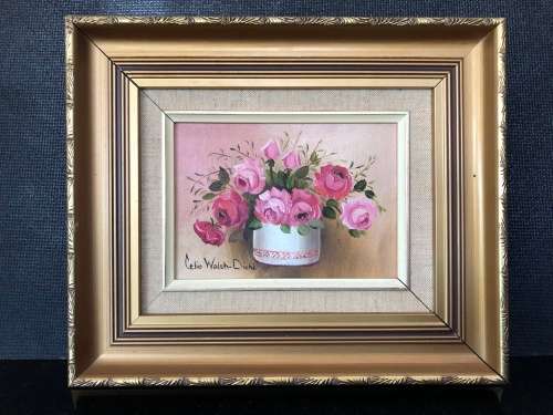 A STUNNING FRAMED ORIGINAL SIGNED "CELIA WALSH-DIEHL" (1915-1993) OIL PAINTING ON BOARD OF FLOWERS