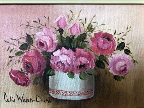 A STUNNING FRAMED ORIGINAL SIGNED "CELIA WALSH-DIEHL" (1915-1993) OIL PAINTING ON BOARD OF FLOWERS