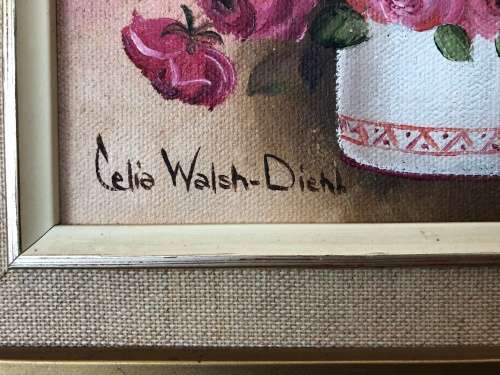 A STUNNING FRAMED ORIGINAL SIGNED "CELIA WALSH-DIEHL" (1915-1993) OIL PAINTING ON BOARD OF FLOWERS