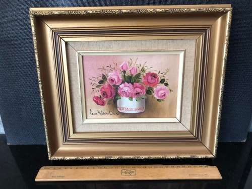 A STUNNING FRAMED ORIGINAL SIGNED "CELIA WALSH-DIEHL" (1915-1993) OIL PAINTING ON BOARD OF FLOWERS
