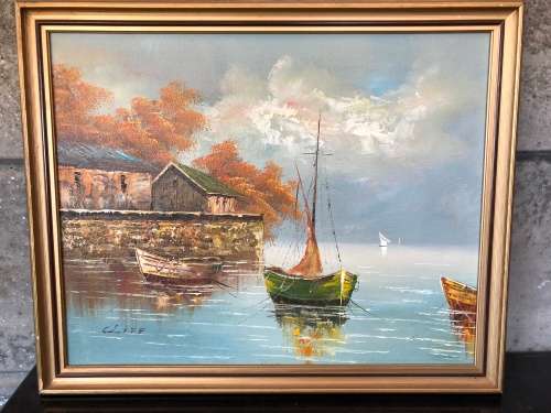 A STUNNING FRAMED ORIGINAL OIL ON BOARD OF BOATS SIGNED BY CLIFF