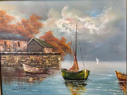 A STUNNING FRAMED ORIGINAL OIL ON BOARD OF BOATS SIGNED BY CLIFF