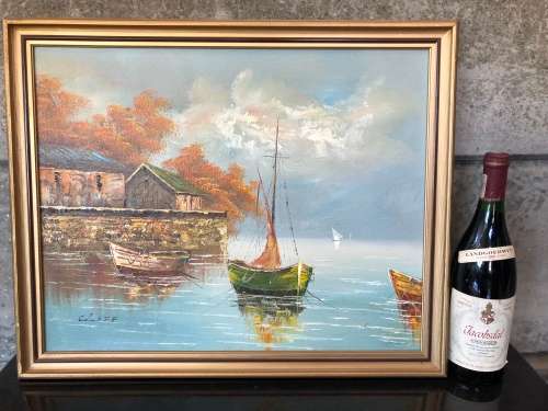 A STUNNING FRAMED ORIGINAL OIL ON BOARD OF BOATS SIGNED BY CLIFF