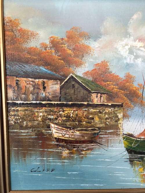 A STUNNING FRAMED ORIGINAL OIL ON BOARD OF BOATS SIGNED BY CLIFF