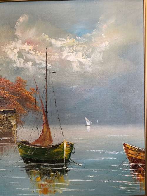 A STUNNING FRAMED ORIGINAL OIL ON BOARD OF BOATS SIGNED BY CLIFF