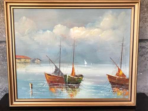 A STUNNING FRAMED ORIGINAL OIL ON BOARD OF BOATS SIGNED BY CLIFF