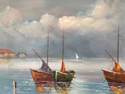 A STUNNING FRAMED ORIGINAL OIL ON BOARD OF BOATS SIGNED BY CLIFF