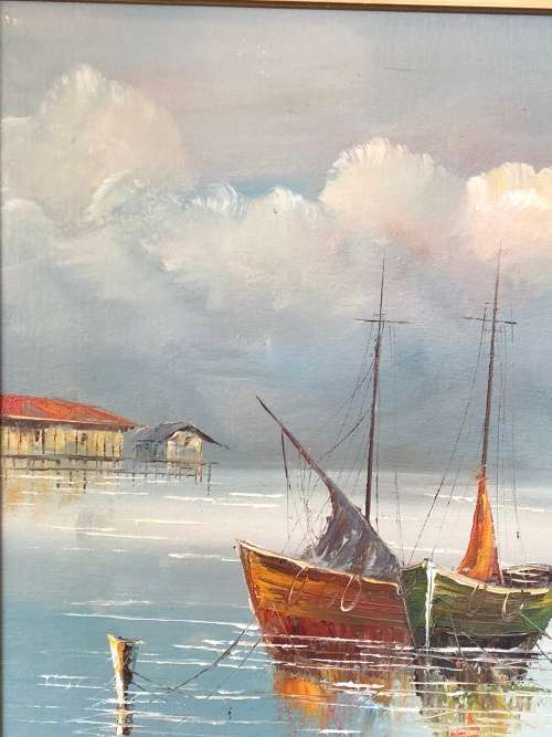 A STUNNING FRAMED ORIGINAL OIL ON BOARD OF BOATS SIGNED BY CLIFF