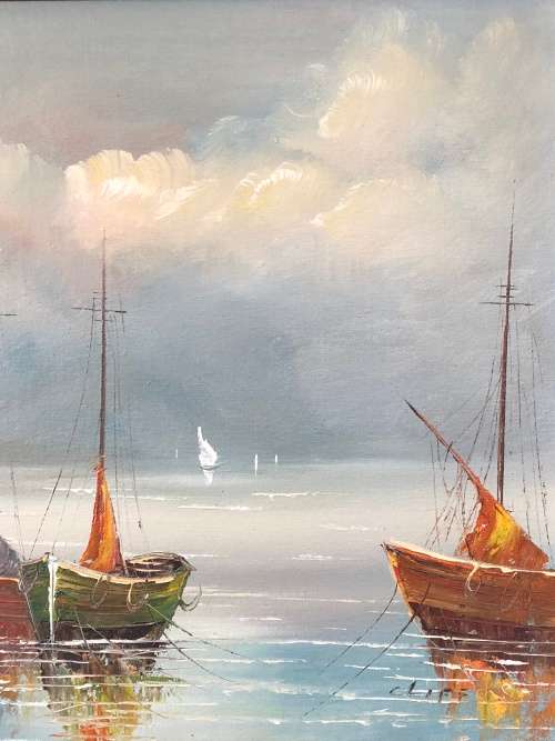 A STUNNING FRAMED ORIGINAL OIL ON BOARD OF BOATS SIGNED BY CLIFF