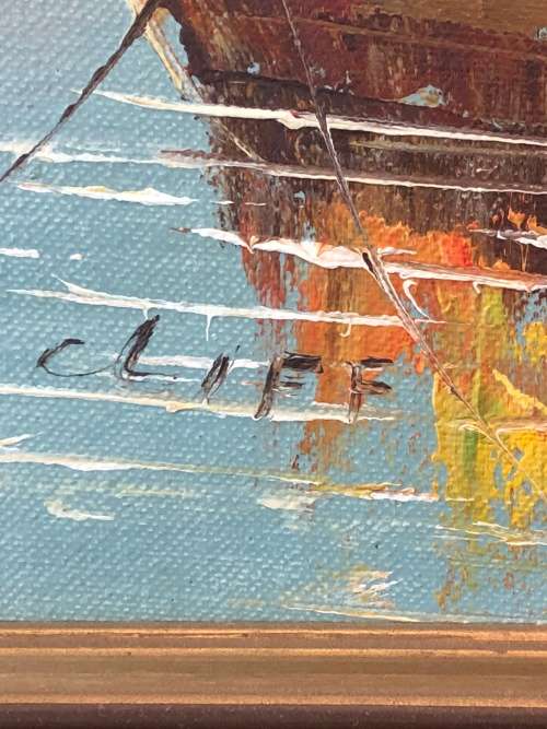 A STUNNING FRAMED ORIGINAL OIL ON BOARD OF BOATS SIGNED BY CLIFF