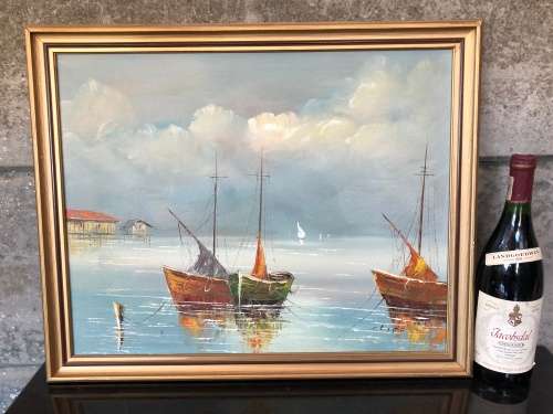 A STUNNING FRAMED ORIGINAL OIL ON BOARD OF BOATS SIGNED BY CLIFF