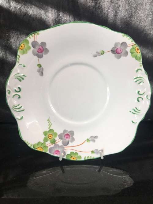 Beautiful Antique Delphine Bone China Cake Pate-Gray Flowers,Scalloped, Green Trim Pattern No: 1815