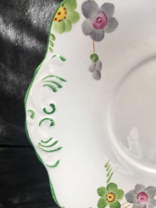Beautiful Antique Delphine Bone China Cake Pate-Gray Flowers,Scalloped, Green Trim Pattern No: 1815