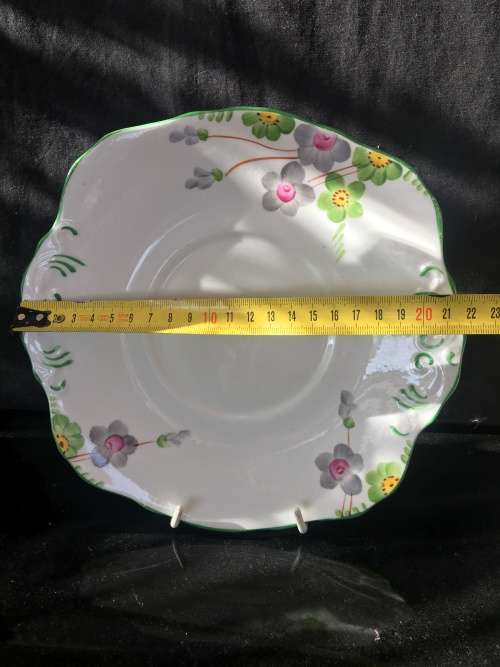 Beautiful Antique Delphine Bone China Cake Pate-Gray Flowers,Scalloped, Green Trim Pattern No: 1815
