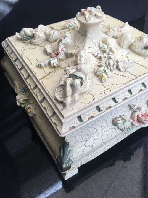 Large Heavy Vintage Capodimonte Style Footed Jewelry Box adorned with Cherubs & Flowers.