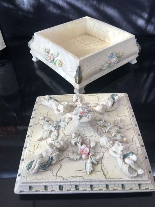 Large Heavy Vintage Capodimonte Style Footed Jewelry Box adorned with Cherubs & Flowers.