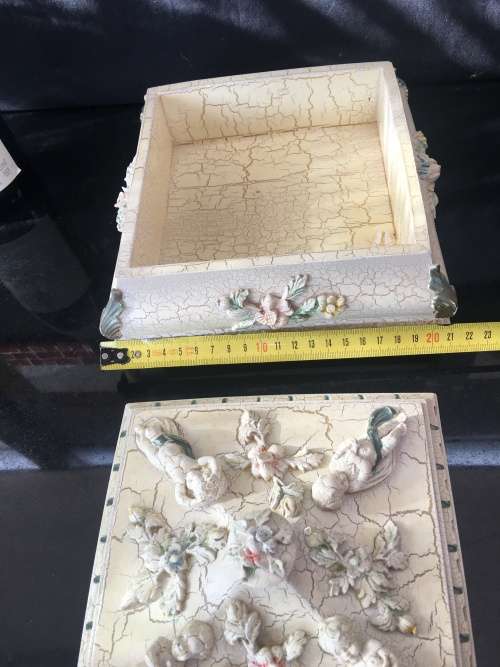 Large Heavy Vintage Capodimonte Style Footed Jewelry Box adorned with Cherubs & Flowers.