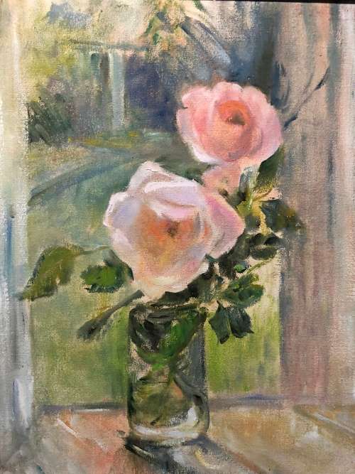 WOW !!! BEAUTIFUL FRAMED ORIGINAL OIL ON CANVAS STILL LIFE OF FLOWERS - UNKNOWN ARTIST