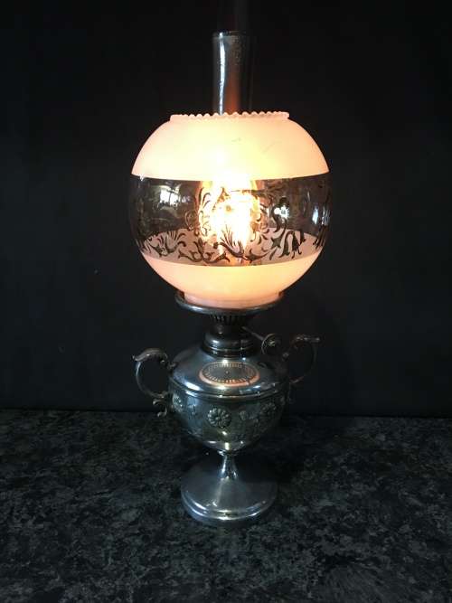 WOW !!! STUNNING ANTIQUE SILVER PLATED OIL LAMP BY JAMES DIXON & SONS circa 1920's  WORKING 100%