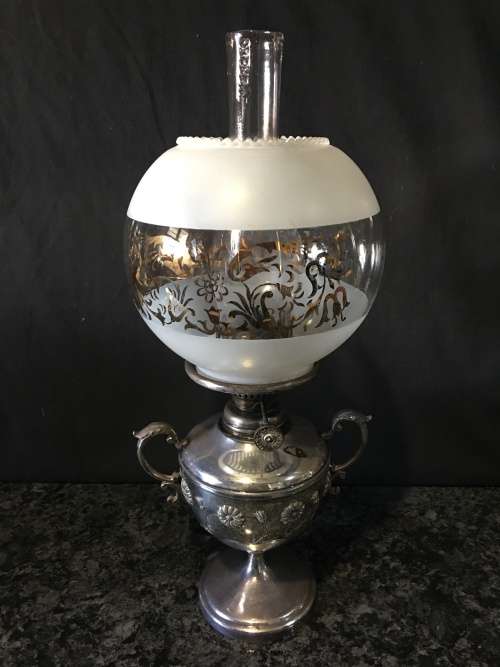 WOW !!! STUNNING ANTIQUE SILVER PLATED OIL LAMP BY JAMES DIXON & SONS circa 1920's  WORKING 100%