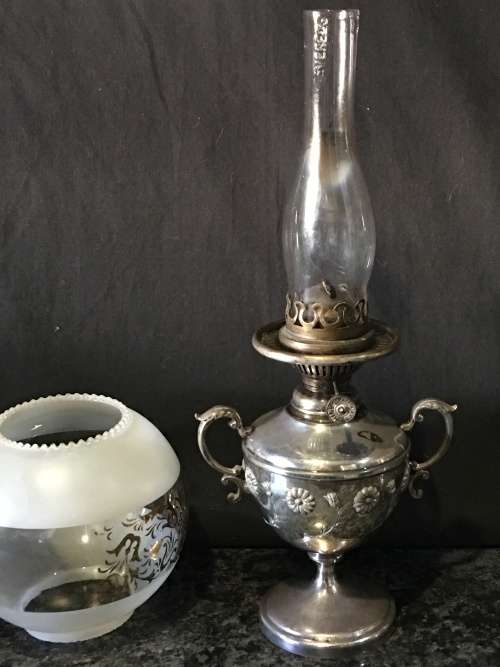 WOW !!! STUNNING ANTIQUE SILVER PLATED OIL LAMP BY JAMES DIXON & SONS circa 1920's  WORKING 100%