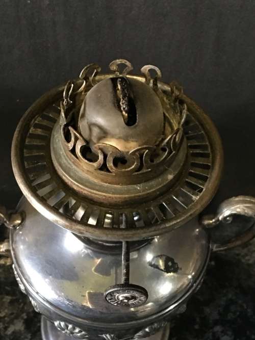 WOW !!! STUNNING ANTIQUE SILVER PLATED OIL LAMP BY JAMES DIXON & SONS circa 1920's  WORKING 100%