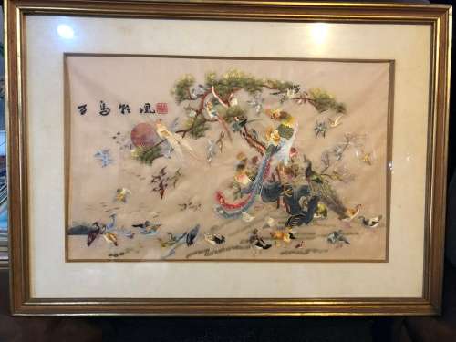 WOW !!! STUNNING LARGE CHINESE SILK EMBROIDERY FRAMED WITH CALLIGRAPHY
